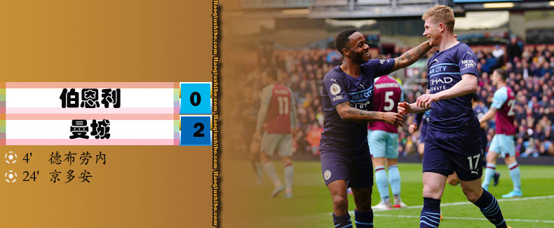 英超第31轮 伯恩利 0 - 2 曼城