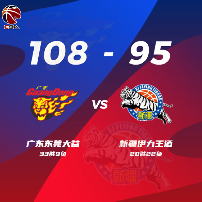 CBA录像回顾战况:广东108-95新疆 徐杰15+6 张皓嘉18+9&伤退 朱旭航16+6